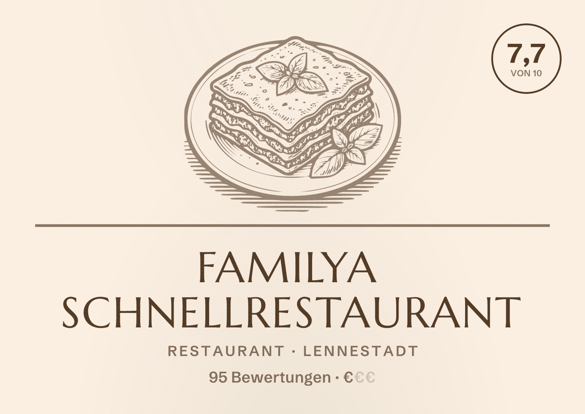 Illustriertes Poster von Familya schnellrestaurant, Restaurant in Lennestadt: Bewertung 7,7 von 10 aus 95 Bewertungen, Preisniveau €