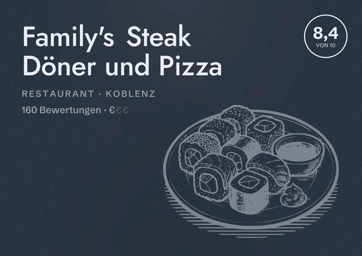 Illustriertes Poster von Family's Steak Döner und Pizza, Restaurant in Koblenz: Bewertung 8,4 von 10 aus 160 Bewertungen, Preisniveau €