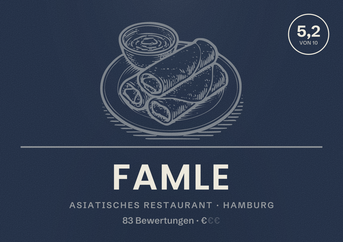Illustriertes Poster von Famle, Asiatisches Restaurant in Hamburg: Bewertung 5,2 von 10 aus 83 Bewertungen, Preisniveau €