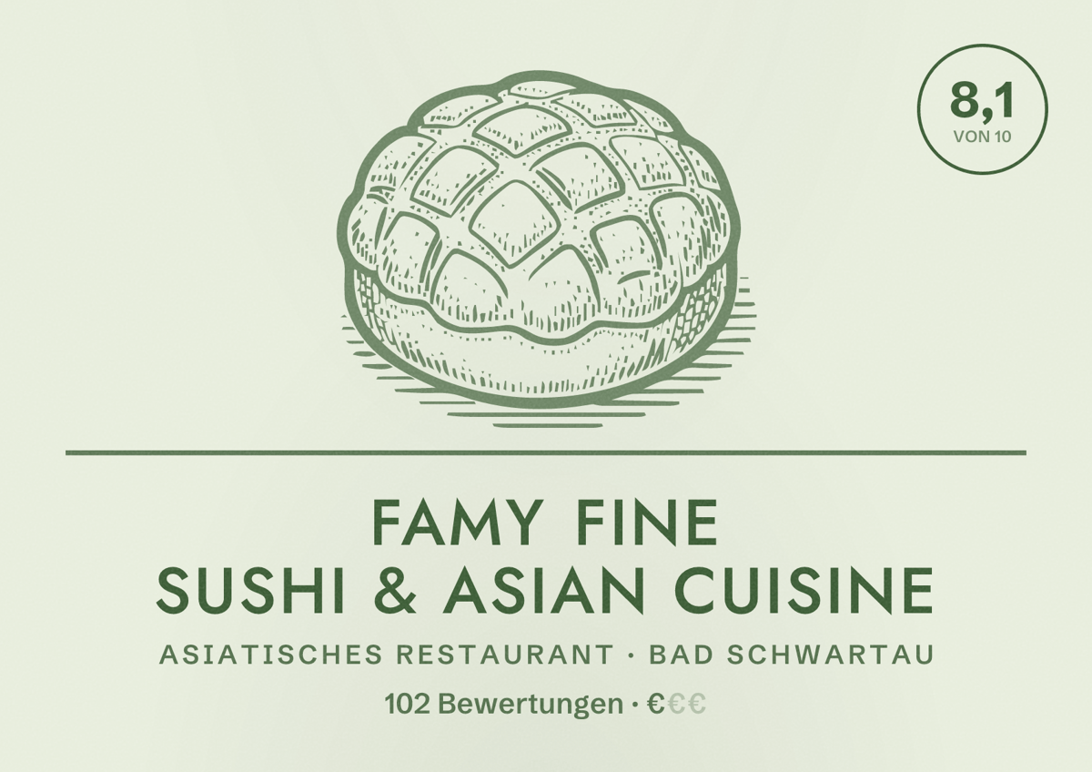 Illustriertes Poster von Famy Fine Sushi & Asian Cuisine, Asiatisches Restaurant in Bad Schwartau: Bewertung 8,1 von 10 aus 102 Bewertungen, Preisniveau €