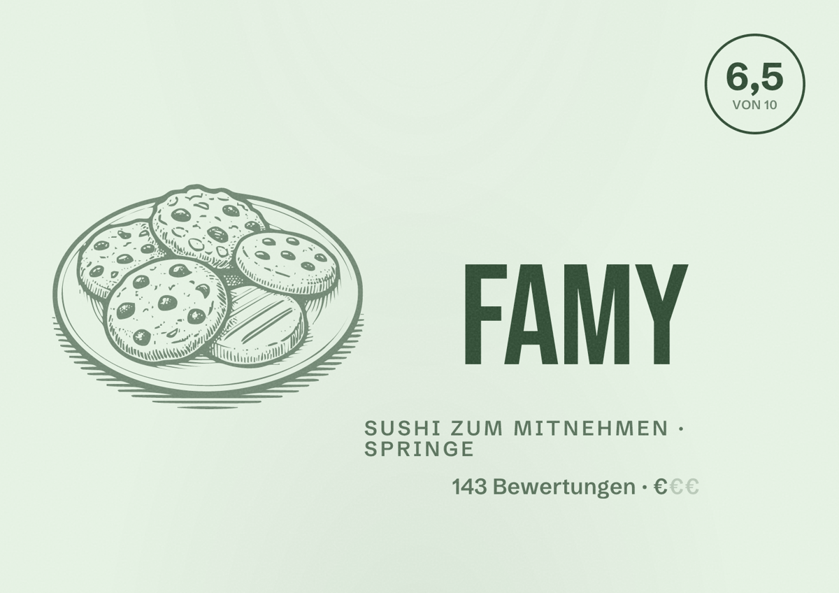 Illustriertes Poster von Famy, Sushi zum Mitnehmen in Springe: Bewertung 6,5 von 10 aus 143 Bewertungen, Preisniveau €