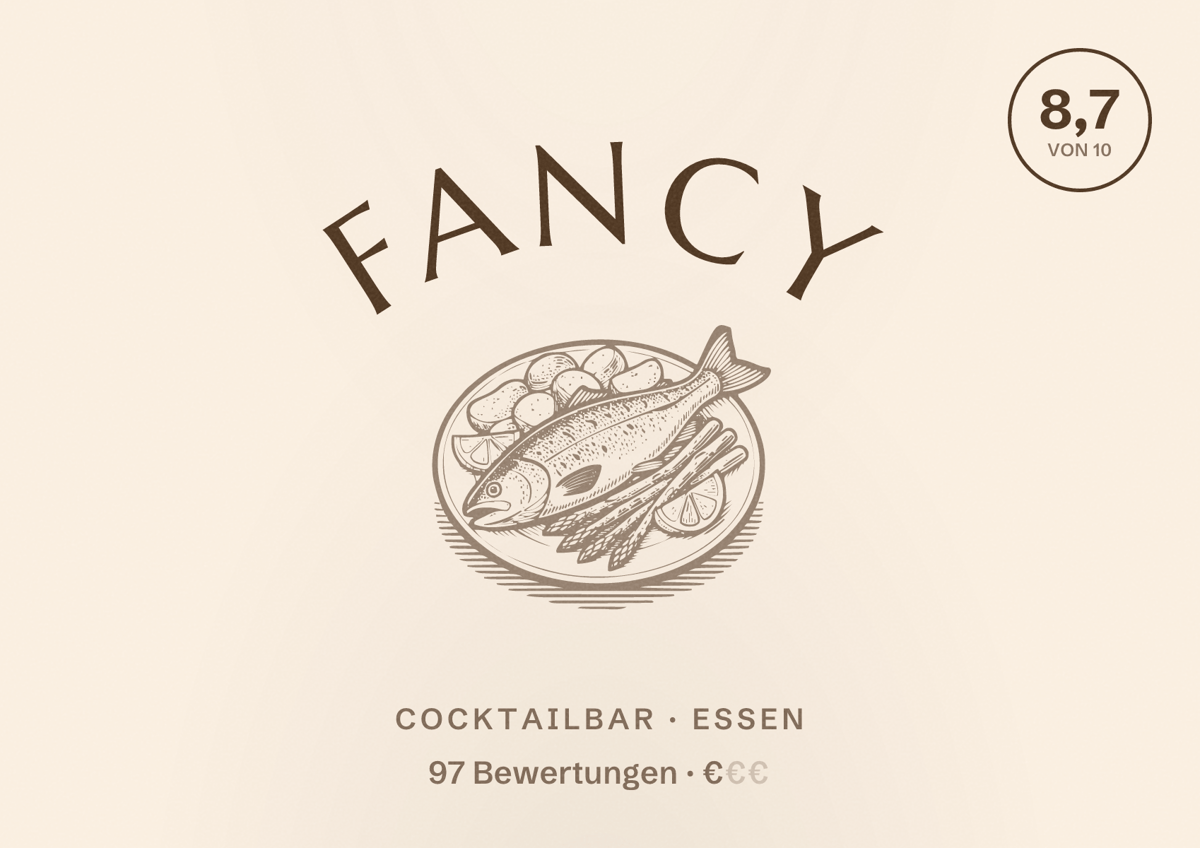 Illustriertes Poster von Fancy, Cocktailbar in Essen: Bewertung 8,7 von 10 aus 97 Bewertungen, Preisniveau €