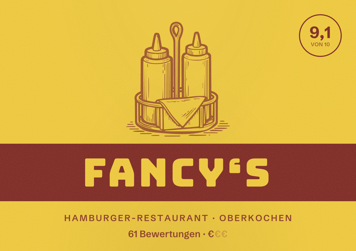 Illustriertes Poster von FANCY‘S, Hamburger-Restaurant in Oberkochen: Bewertung 9,1 von 10 aus 61 Bewertungen, Preisniveau €