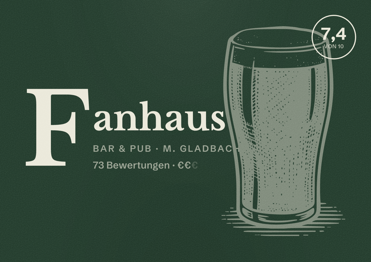 Illustriertes Poster von Fanhaus, Bar & Pub in M. Gladbach: Bewertung 7,4 von 10 aus 73 Bewertungen, Preisniveau €€