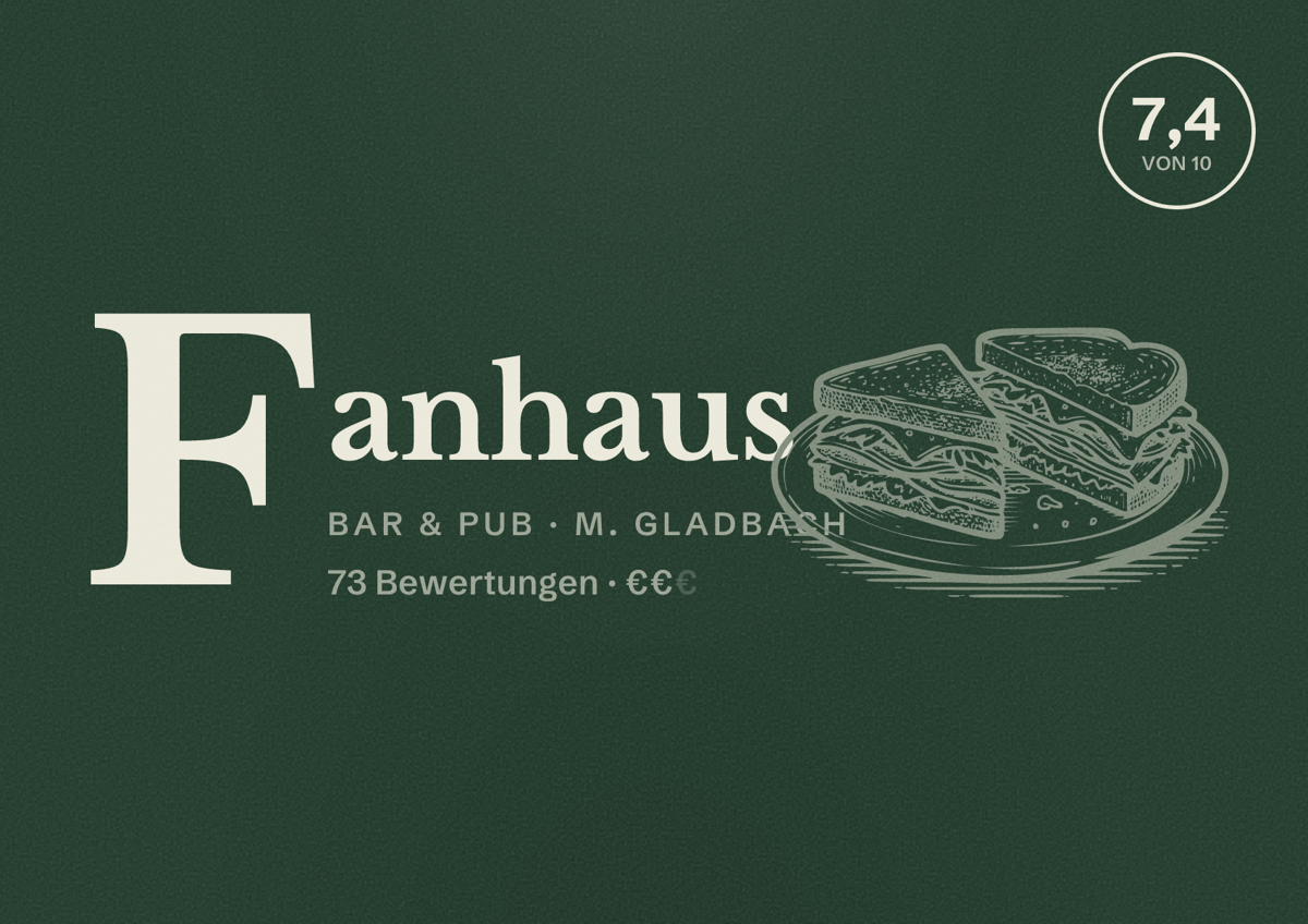Illustriertes Poster von Fanhaus, Bar & Pub in M. Gladbach: Bewertung 7,4 von 10 aus 73 Bewertungen, Preisniveau €€