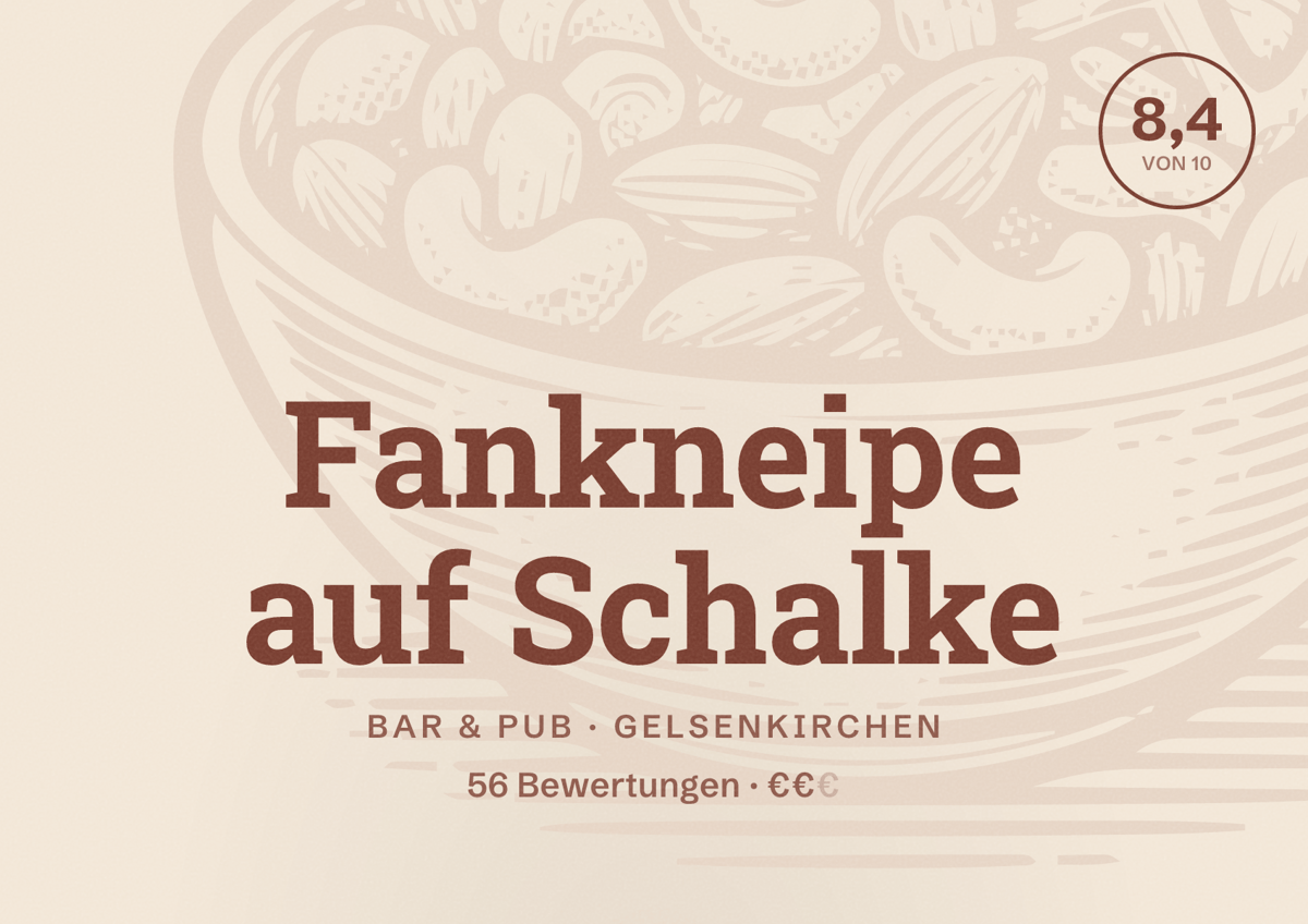 Illustriertes Poster von Fankneipe auf Schalke, Bar & Pub in Gelsenkirchen: Bewertung 8,4 von 10 aus 56 Bewertungen, Preisniveau €€