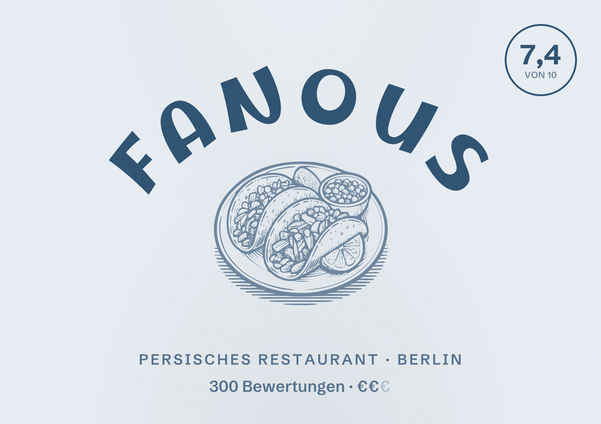 Illustriertes Poster von Fanous, Persisches Restaurant in Berlin: Bewertung 7,4 von 10 aus 300 Bewertungen, Preisniveau €€