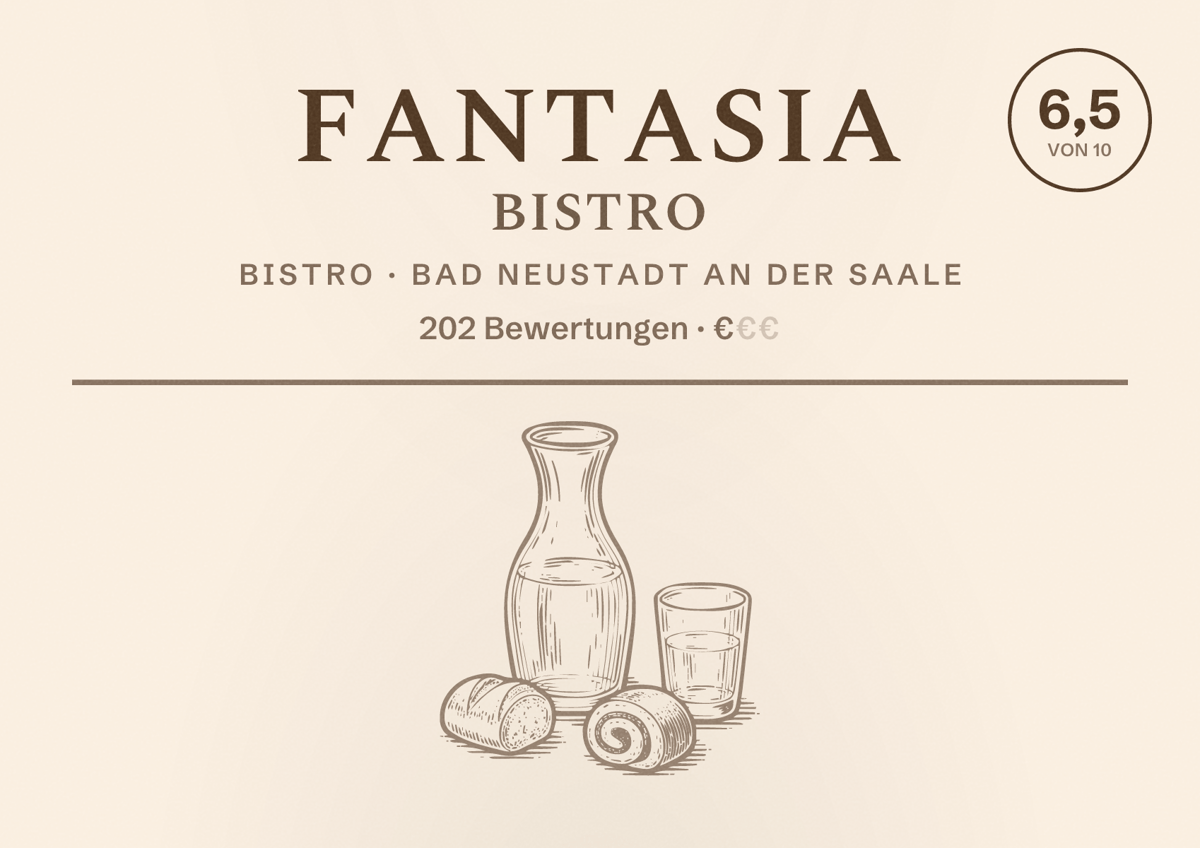 Illustriertes Poster von Fantasia Bistro, Bistro in Bad Neustadt an der Saale: Bewertung 6,5 von 10 aus 202 Bewertungen, Preisniveau €