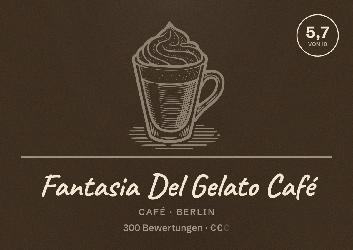Illustriertes Poster von Fantasia Del Gelato Café, Café in Berlin: Bewertung 5,7 von 10 aus 300 Bewertungen, Preisniveau €€