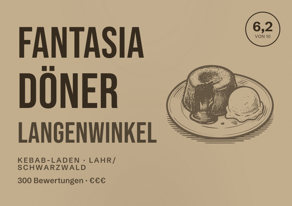 Illustriertes Poster von Fantasia Döner Langenwinkel, Kebab-Laden in Lahr/Schwarzwald: Bewertung 6,2 von 10 aus 300 Bewertungen, Preisniveau €€€