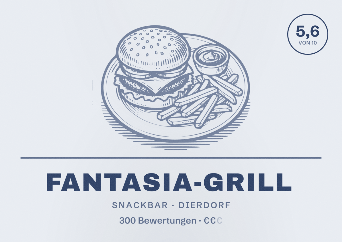 Illustriertes Poster von Fantasia-Grill, Snackbar in Dierdorf: Bewertung 5,6 von 10 aus 300 Bewertungen, Preisniveau €€