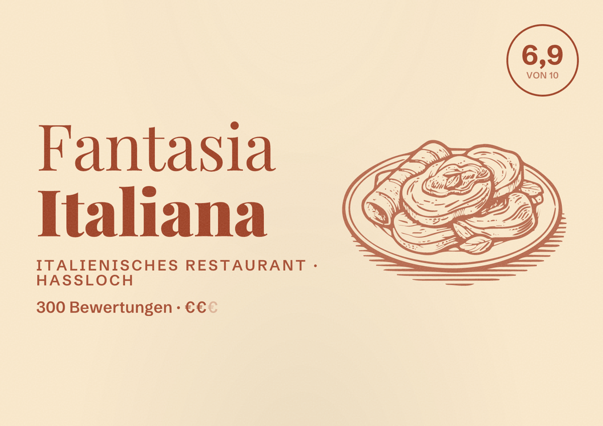 Illustriertes Poster von Fantasia Italiana, Italienisches Restaurant in Haßloch: Bewertung 6,9 von 10 aus 300 Bewertungen, Preisniveau €€
