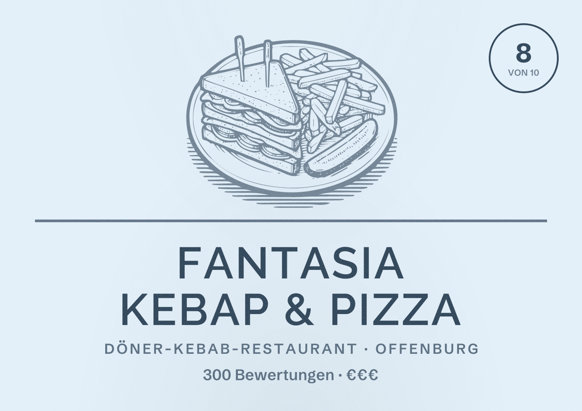 Illustriertes Poster von Fantasia Kebap & Pizza, Döner-Kebab-Restaurant in Offenburg: Bewertung 8 von 10 aus 300 Bewertungen, Preisniveau €€€