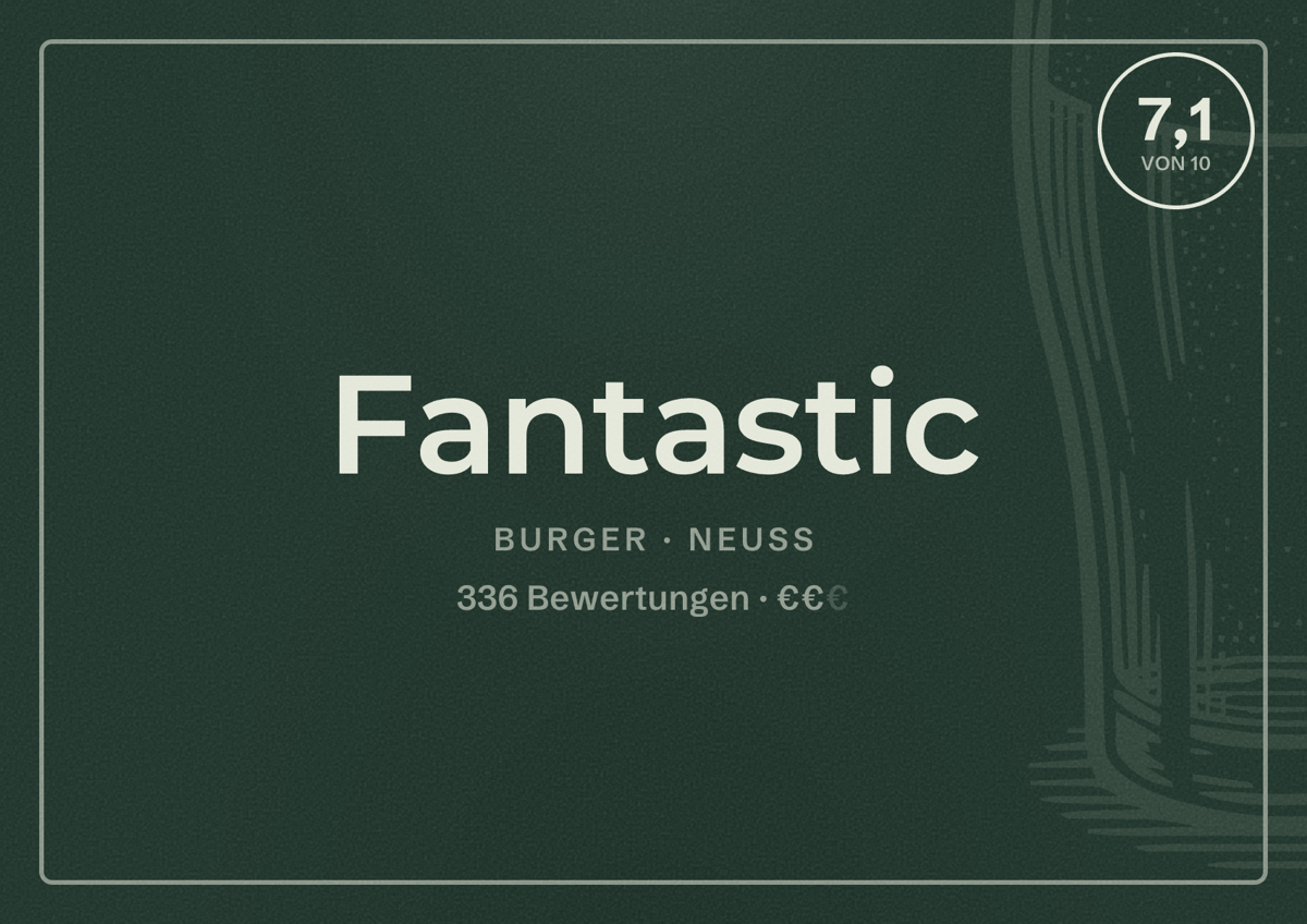 Illustriertes Poster von Fantastic, Burger in Neuss: Bewertung 7,1 von 10 aus 336 Bewertungen, Preisniveau €€