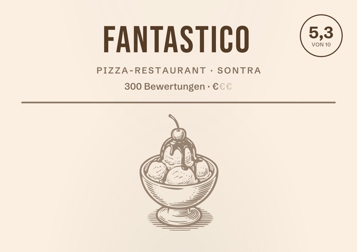 Illustriertes Poster von Fantastico, Pizza-Restaurant in Sontra: Bewertung 5,3 von 10 aus 300 Bewertungen, Preisniveau €