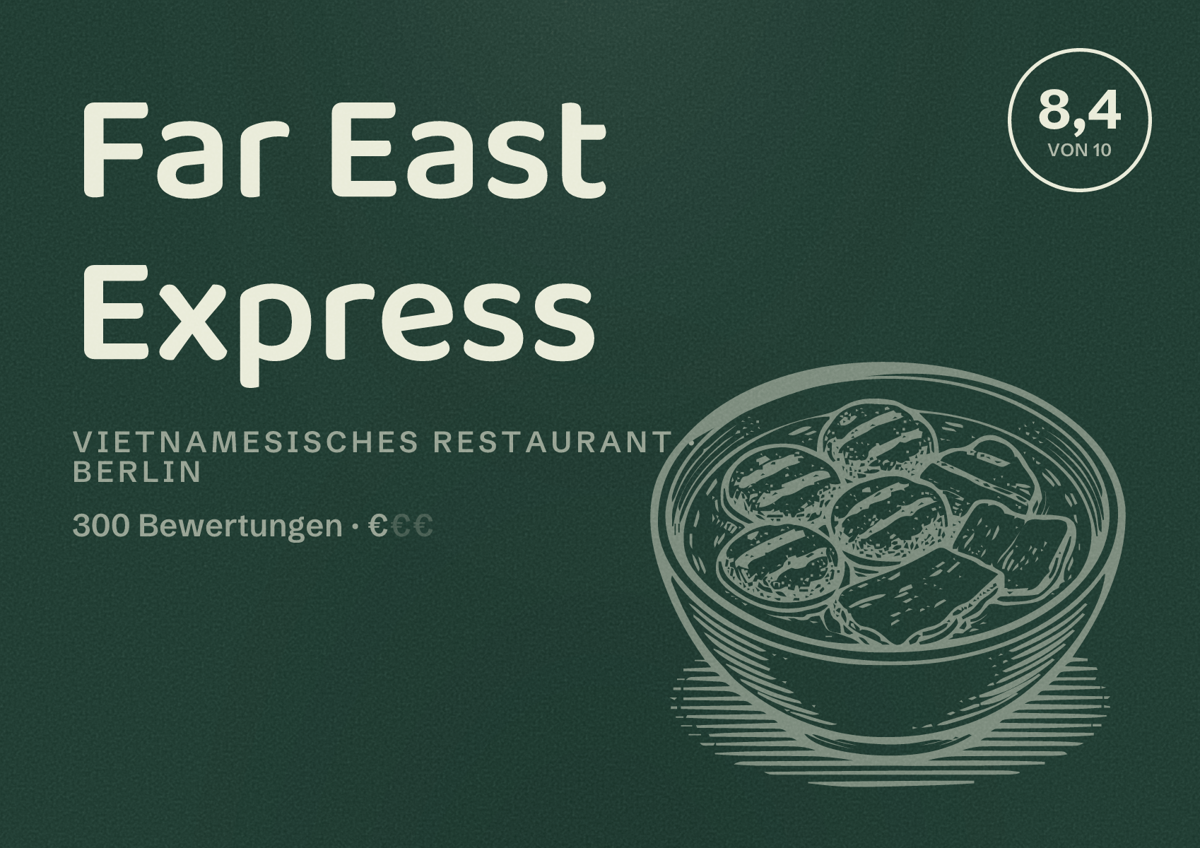Illustriertes Poster von Far East Express, Vietnamesisches Restaurant in Berlin: Bewertung 8,4 von 10 aus 300 Bewertungen, Preisniveau €