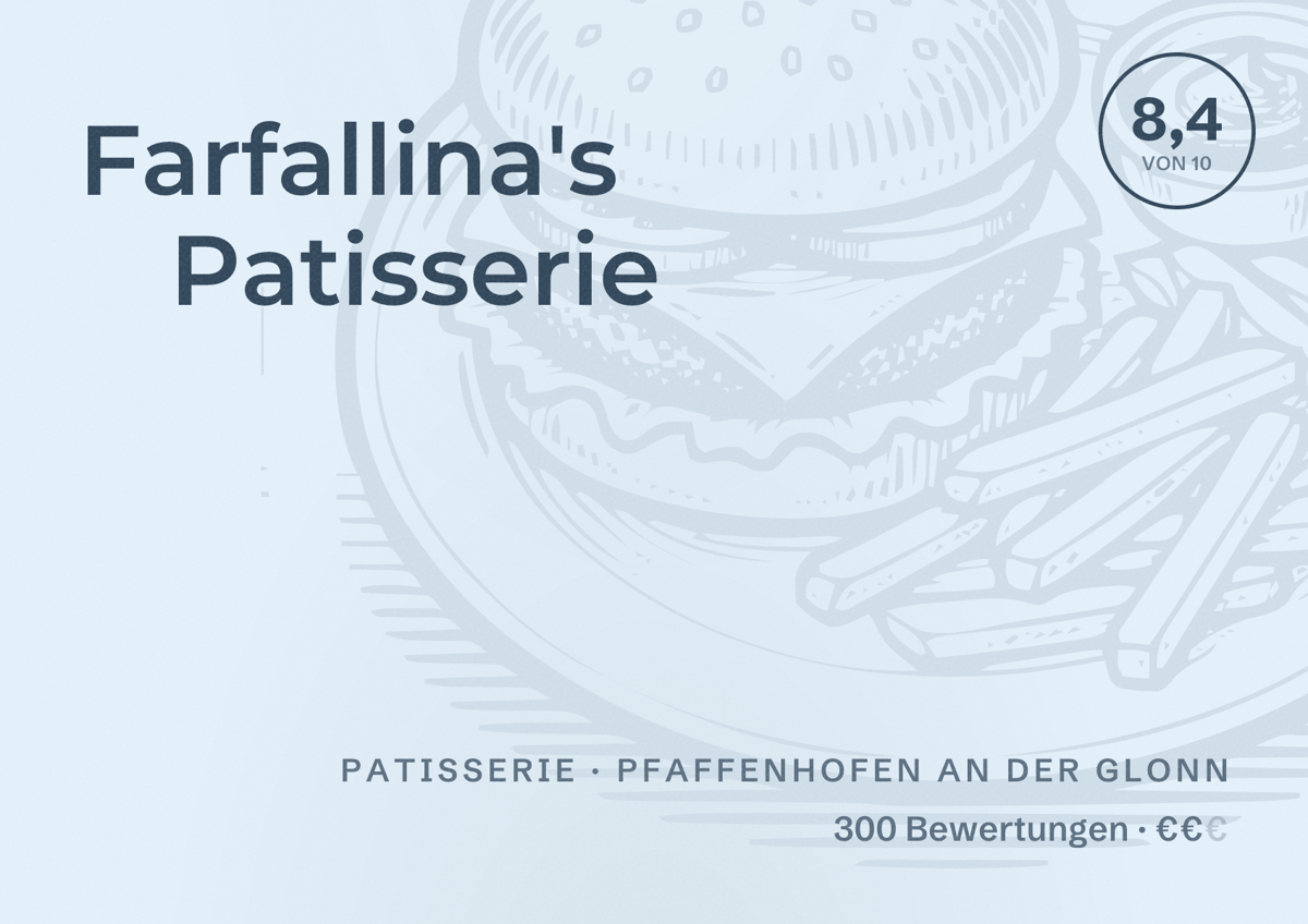 Illustriertes Poster von Farfallina's Patisserie, Patisserie in Pfaffenhofen an der Glonn: Bewertung 8,4 von 10 aus 300 Bewertungen, Preisniveau €€