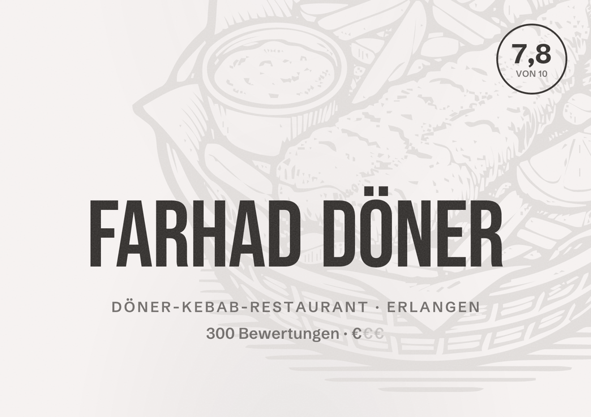 Illustriertes Poster von Farhad Döner, Döner-Kebab-Restaurant in Erlangen: Bewertung 7,8 von 10 aus 300 Bewertungen, Preisniveau €