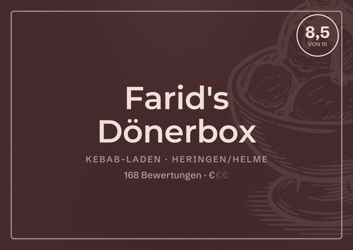Illustriertes Poster von Farid's Dönerbox, Kebab-Laden in Heringen/Helme: Bewertung 8,5 von 10 aus 168 Bewertungen, Preisniveau €