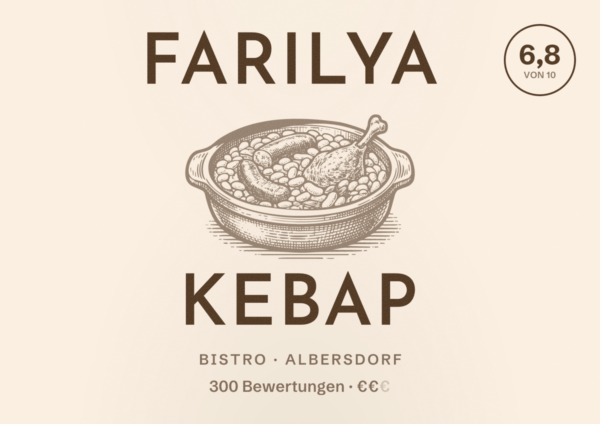 Illustriertes Poster von Farilya Kebap, Bistro in Albersdorf: Bewertung 6,8 von 10 aus 300 Bewertungen, Preisniveau €€