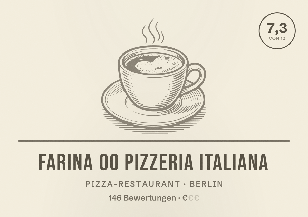 Illustriertes Poster von Farina 00 Pizzeria Italiana, Pizza-Restaurant in Berlin: Bewertung 7,3 von 10 aus 146 Bewertungen, Preisniveau €