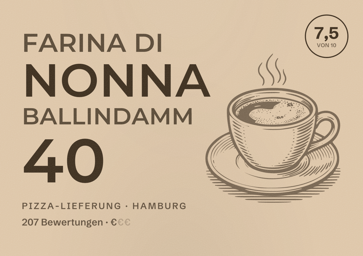 Illustriertes Poster von Farina di Nonna Ballindamm 40, Pizza-Lieferung in Hamburg: Bewertung 7,5 von 10 aus 207 Bewertungen, Preisniveau €