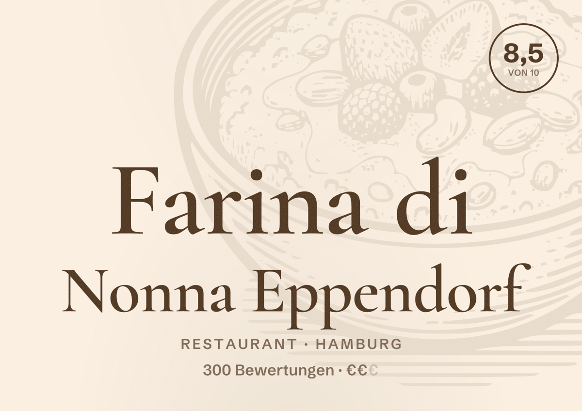 Illustriertes Poster von Farina di Nonna Eppendorf, Restaurant in Hamburg: Bewertung 8,5 von 10 aus 300 Bewertungen, Preisniveau €€