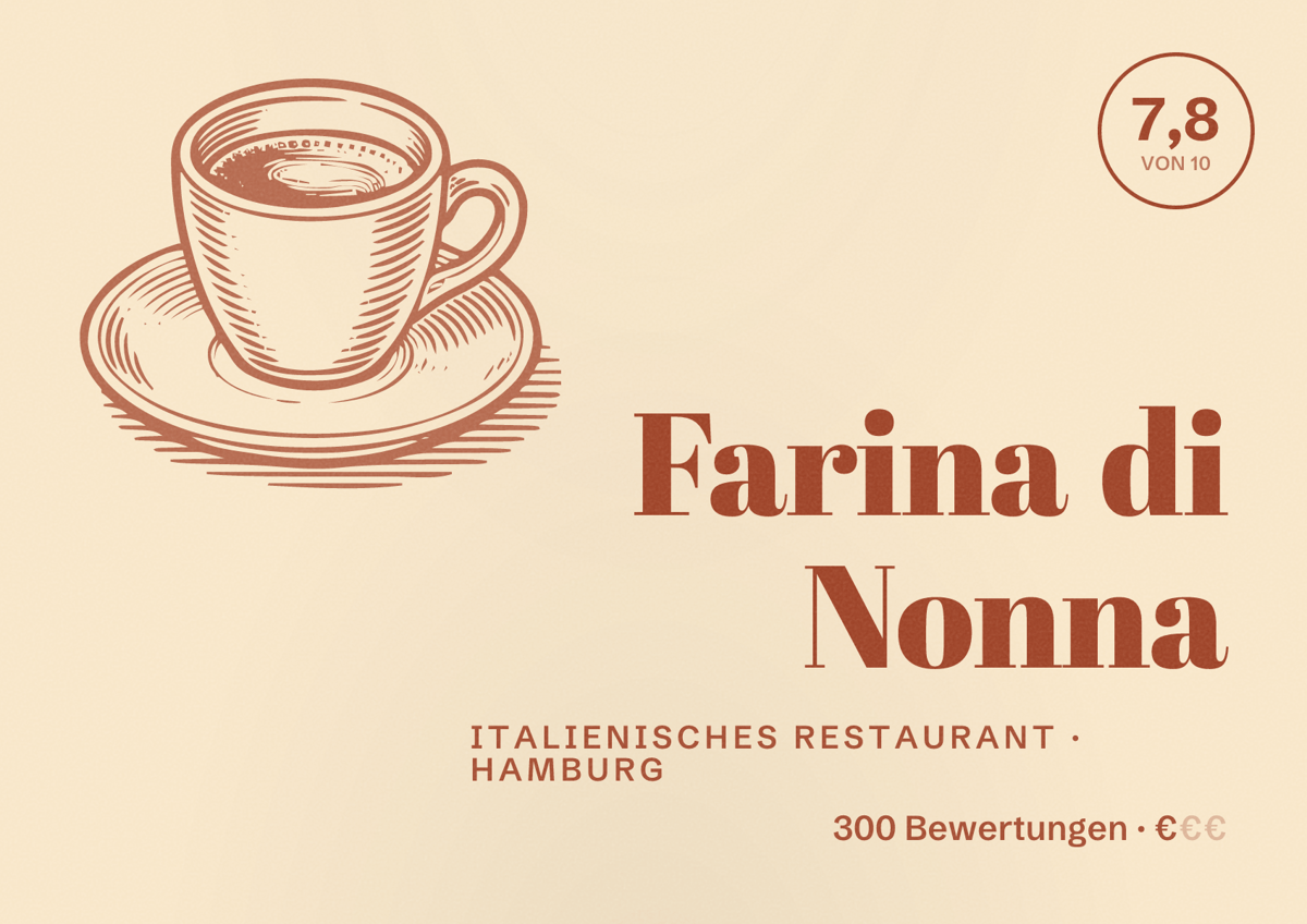 Illustriertes Poster von Farina di Nonna, Italienisches Restaurant in Hamburg: Bewertung 7,8 von 10 aus 300 Bewertungen, Preisniveau €
