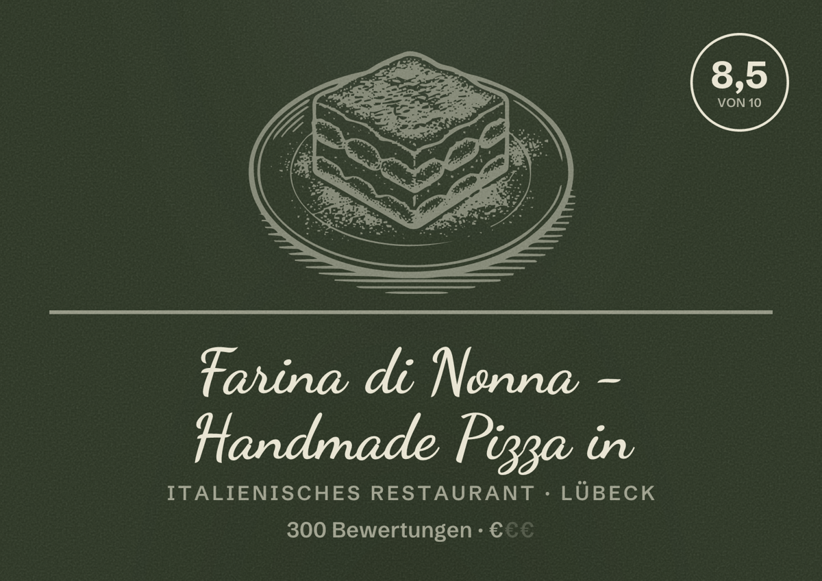 Illustriertes Poster von Farina di Nonna - Handmade Pizza in, Italienisches Restaurant in Lübeck: Bewertung 8,5 von 10 aus 300 Bewertungen, Preisniveau €