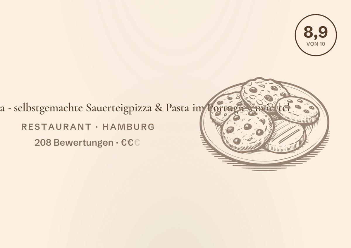 Illustriertes Poster von Farina di Nonna - selbstgemachte Sauerteigpizza & Pasta im Portugiesenviertel, Restaurant in Hamburg: Bewertung 8,9 von 10 aus 208 Bewertungen, Preisniveau €€