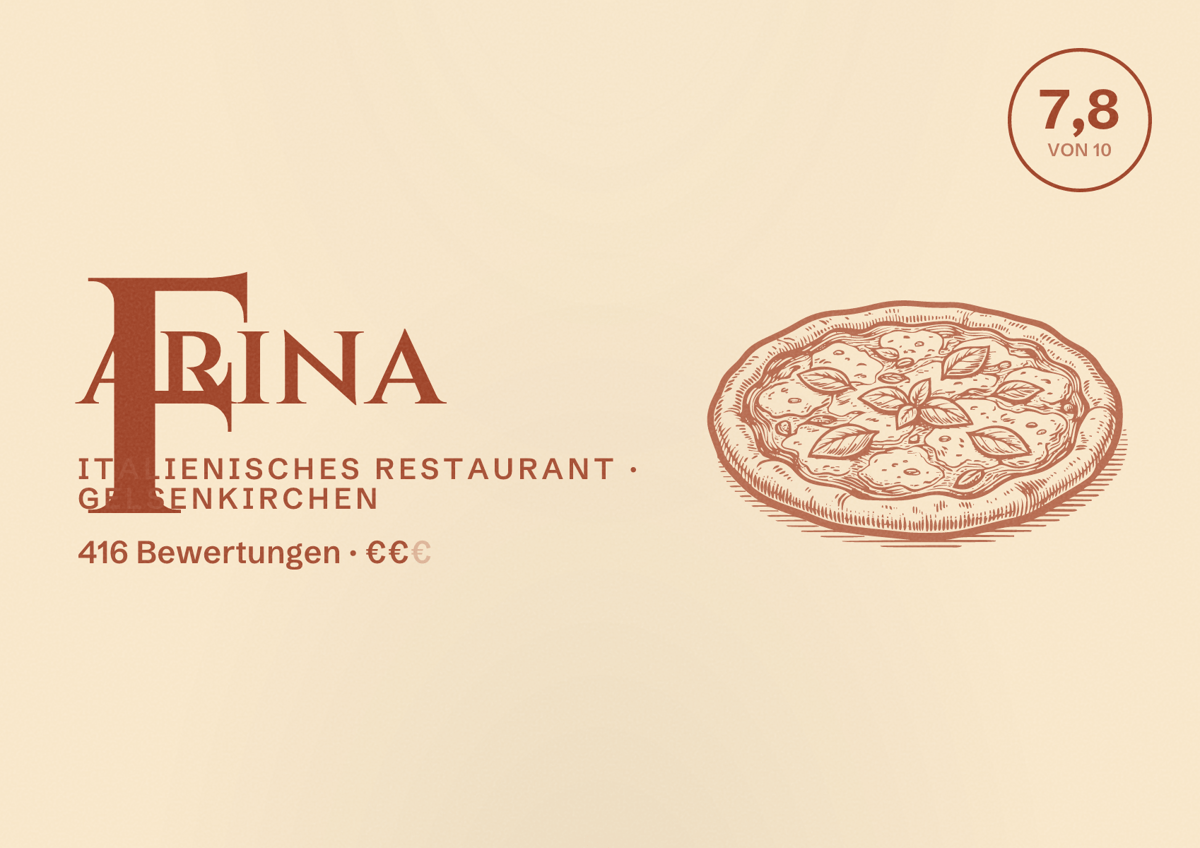Illustriertes Poster von Farina, Italienisches Restaurant in Gelsenkirchen: Bewertung 7,8 von 10 aus 416 Bewertungen, Preisniveau €€