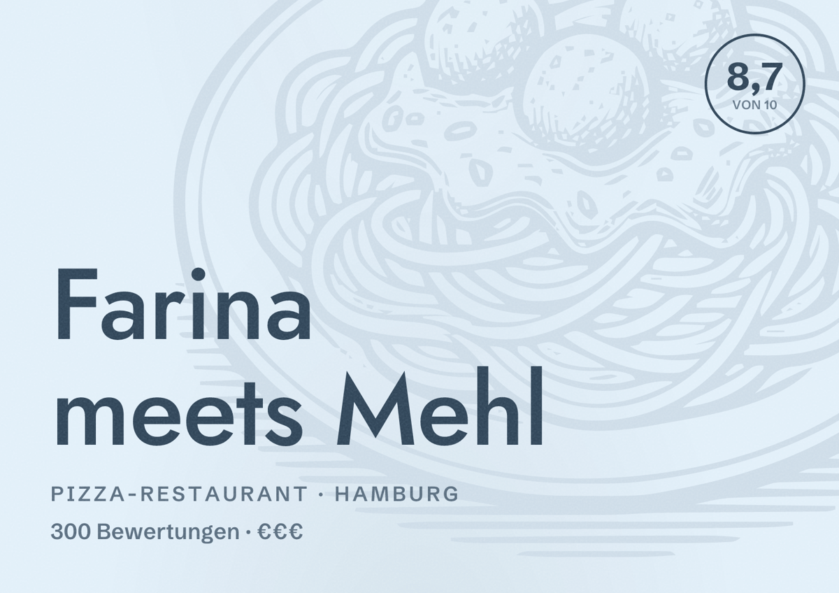 Illustriertes Poster von Farina meets Mehl, Pizza-Restaurant in Hamburg: Bewertung 8,7 von 10 aus 300 Bewertungen, Preisniveau €€€
