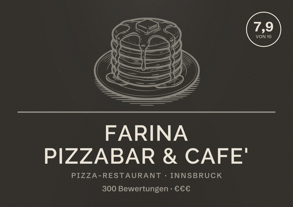 Illustriertes Poster von farina pizzabar & cafe', Pizza-Restaurant in Innsbruck: Bewertung 7,9 von 10 aus 300 Bewertungen, Preisniveau €€€