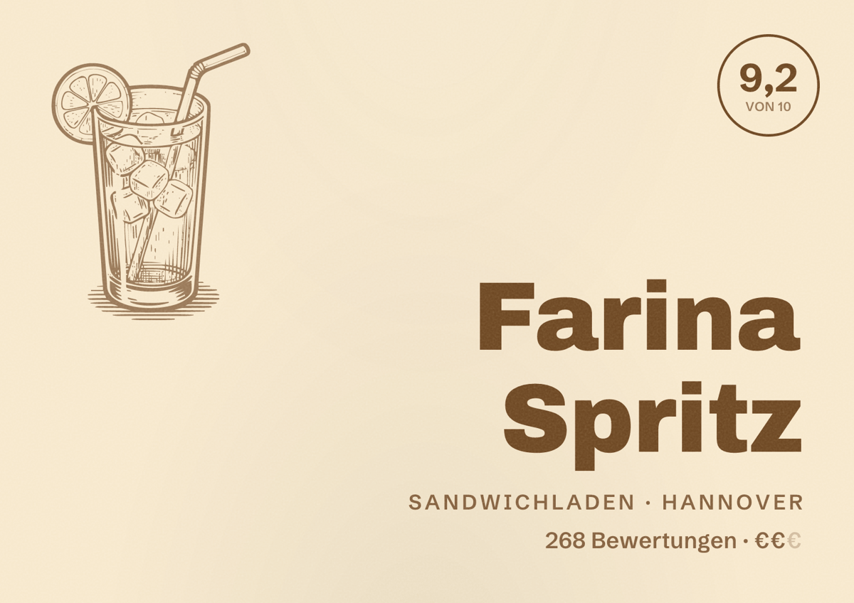 Illustriertes Poster von Farina Spritz, Sandwichladen in Hannover: Bewertung 9,2 von 10 aus 268 Bewertungen, Preisniveau €€