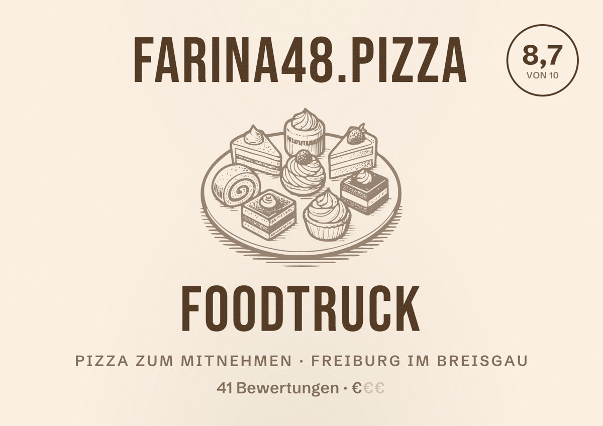 Illustriertes Poster von Farina48.pizza Foodtruck, Pizza zum Mitnehmen in Freiburg im Breisgau: Bewertung 8,7 von 10 aus 41 Bewertungen, Preisniveau €