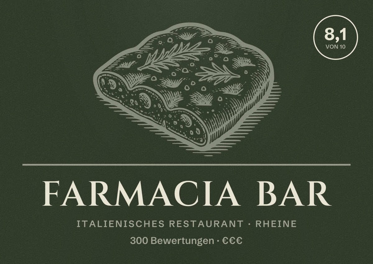 Illustriertes Poster von Farmacia Bar, Italienisches Restaurant in Rheine: Bewertung 8,1 von 10 aus 300 Bewertungen, Preisniveau €€€
