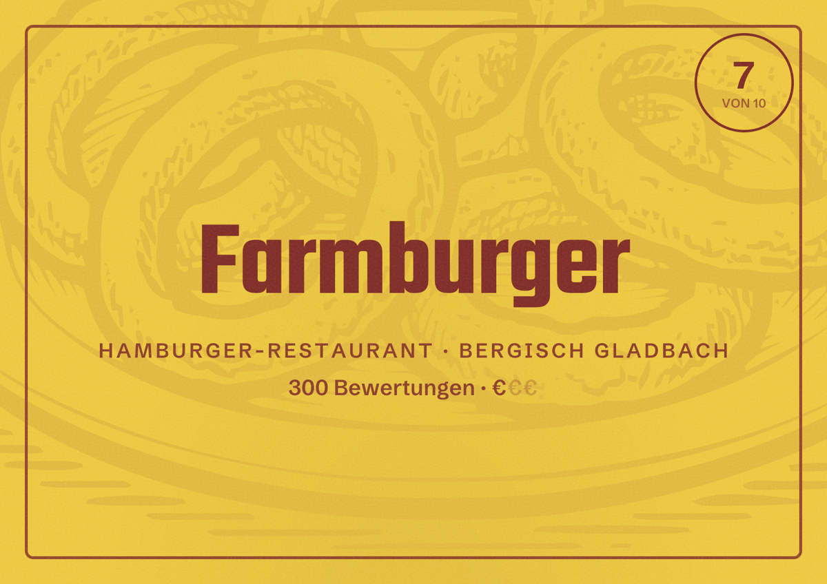 Illustriertes Poster von Farmburger, Hamburger-Restaurant in Bergisch Gladbach: Bewertung 7 von 10 aus 300 Bewertungen, Preisniveau €