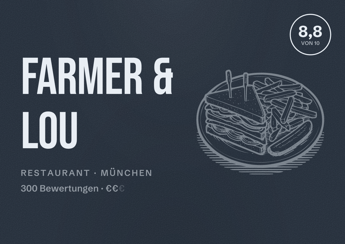 Illustriertes Poster von Farmer & Lou, Restaurant in München: Bewertung 8,8 von 10 aus 300 Bewertungen, Preisniveau €€