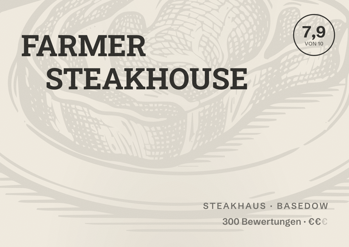Illustriertes Poster von FARMER STEAKHOUSE, Steakhaus in Basedow: Bewertung 7,9 von 10 aus 300 Bewertungen, Preisniveau €€