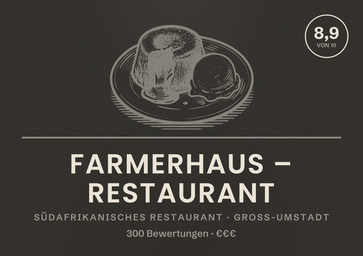 Illustriertes Poster von FARMERHAUS – Restaurant, Südafrikanisches Restaurant in Groß-Umstadt: Bewertung 8,9 von 10 aus 300 Bewertungen, Preisniveau €€€