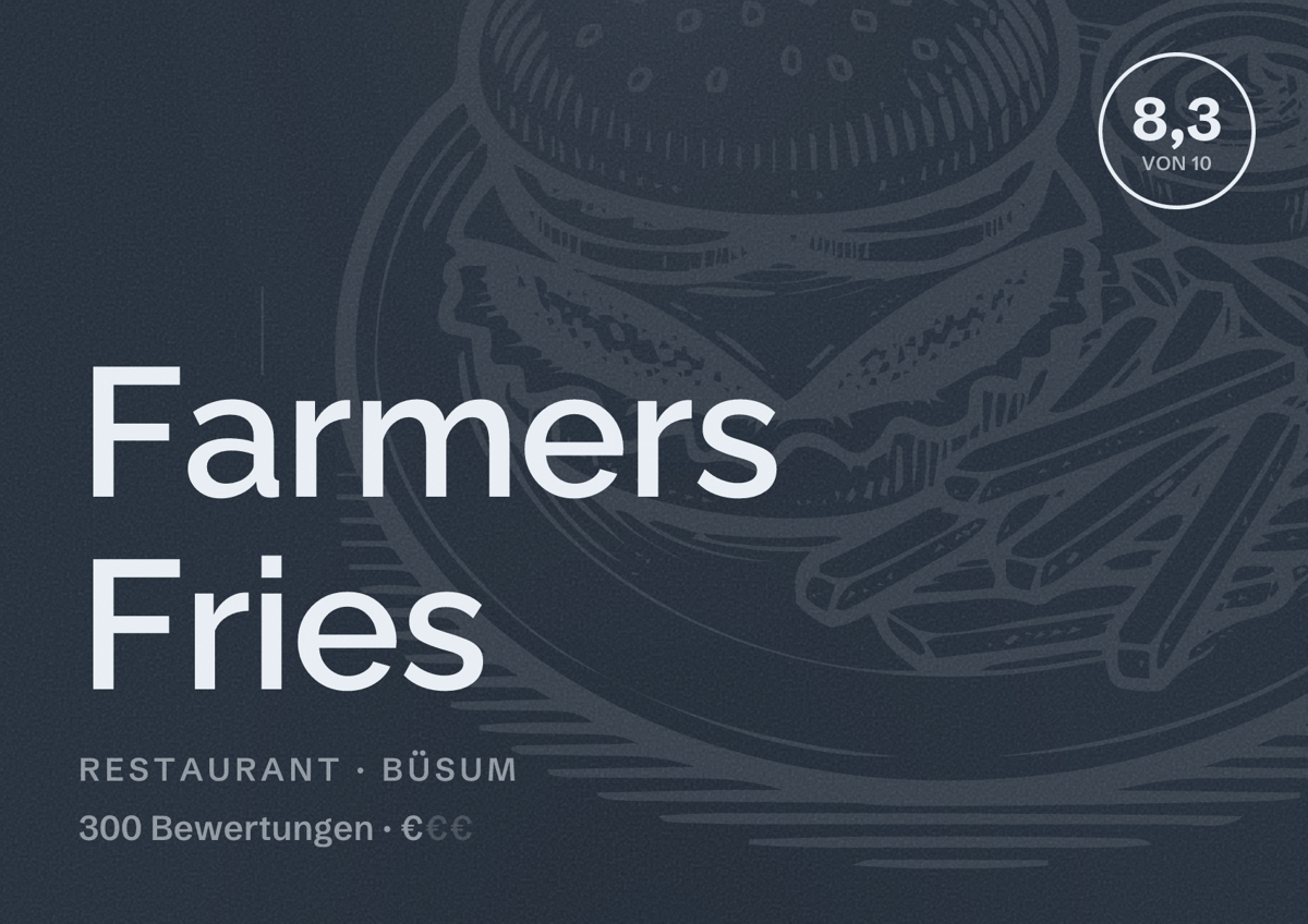 Illustriertes Poster von Farmers Fries, Restaurant in Büsum: Bewertung 8,3 von 10 aus 300 Bewertungen, Preisniveau €