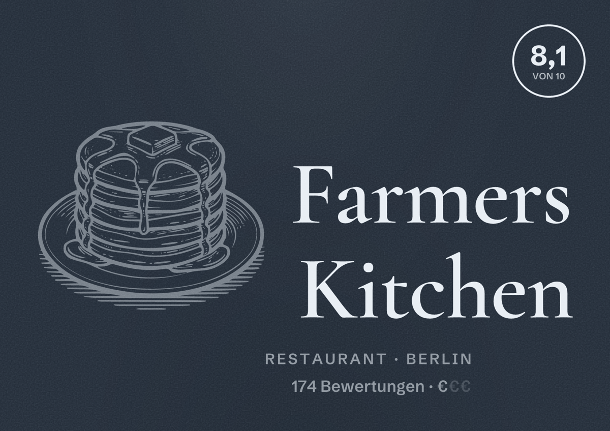 Illustriertes Poster von Farmers Kitchen, Restaurant in Berlin: Bewertung 8,1 von 10 aus 174 Bewertungen, Preisniveau €
