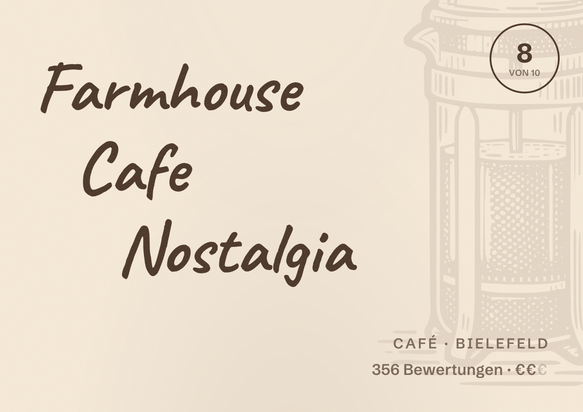 Illustriertes Poster von Farmhouse Cafe Nostalgia, Café in Bielefeld: Bewertung 8 von 10 aus 356 Bewertungen, Preisniveau €€
