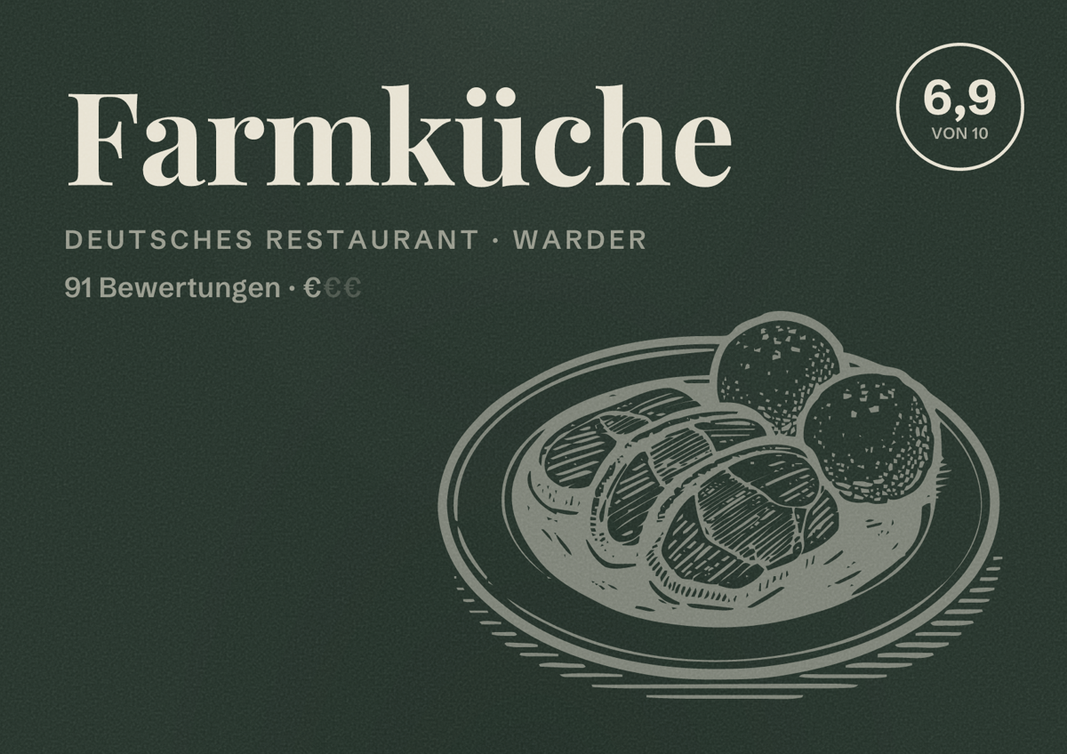 Illustriertes Poster von Farmküche, Deutsches Restaurant in Warder: Bewertung 6,9 von 10 aus 91 Bewertungen, Preisniveau €
