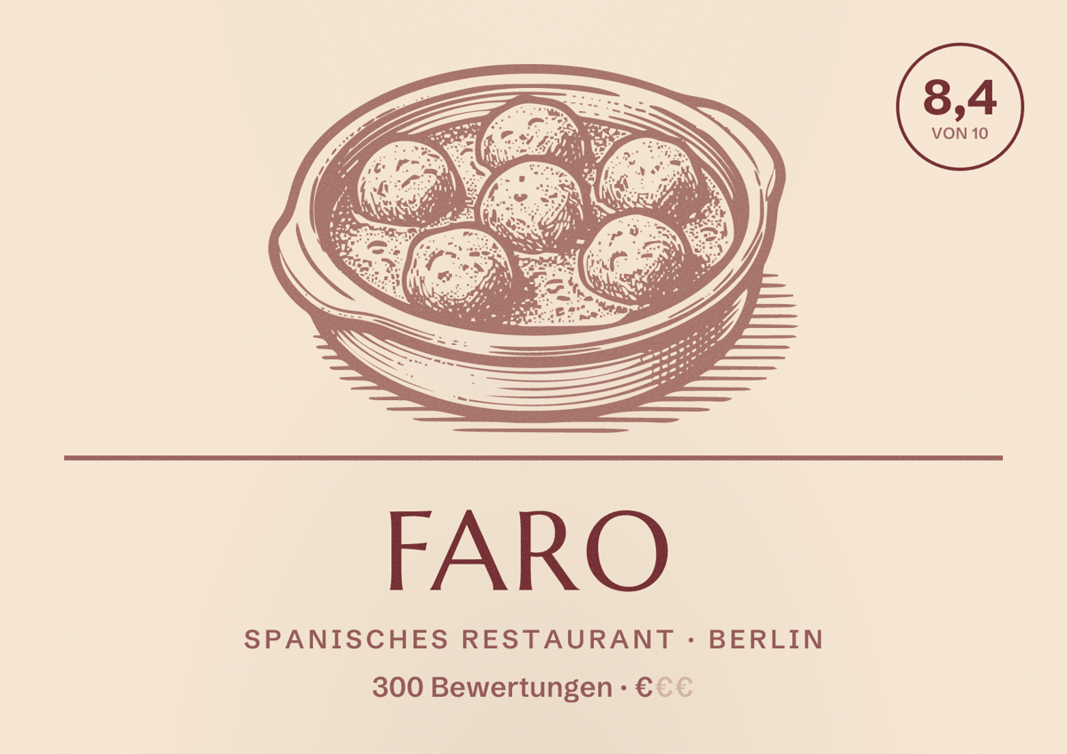 Illustriertes Poster von Faro, Spanisches Restaurant in Berlin: Bewertung 8,4 von 10 aus 300 Bewertungen, Preisniveau €