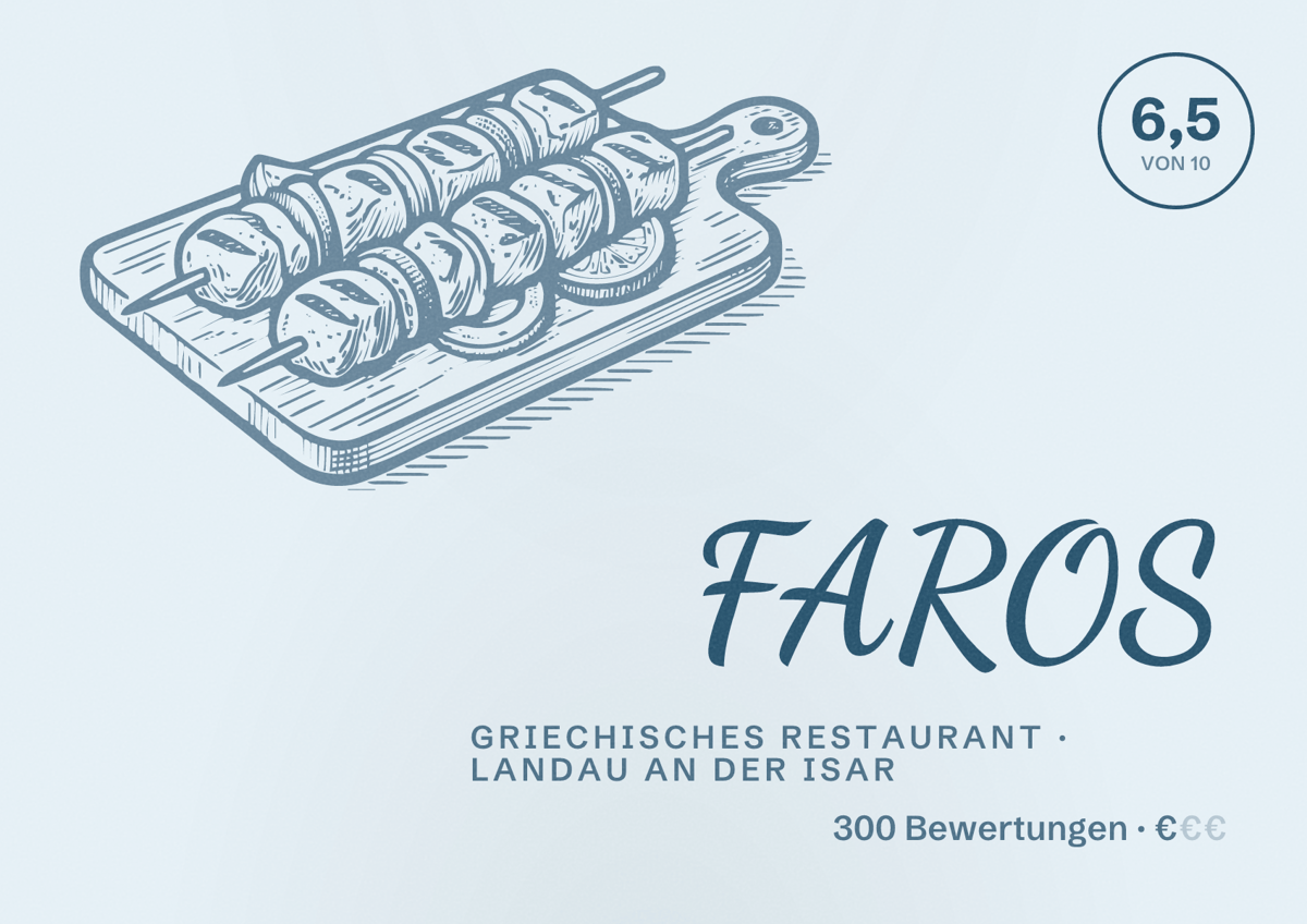 Illustriertes Poster von FAROS, Griechisches Restaurant in Landau an der Isar: Bewertung 6,5 von 10 aus 300 Bewertungen, Preisniveau €