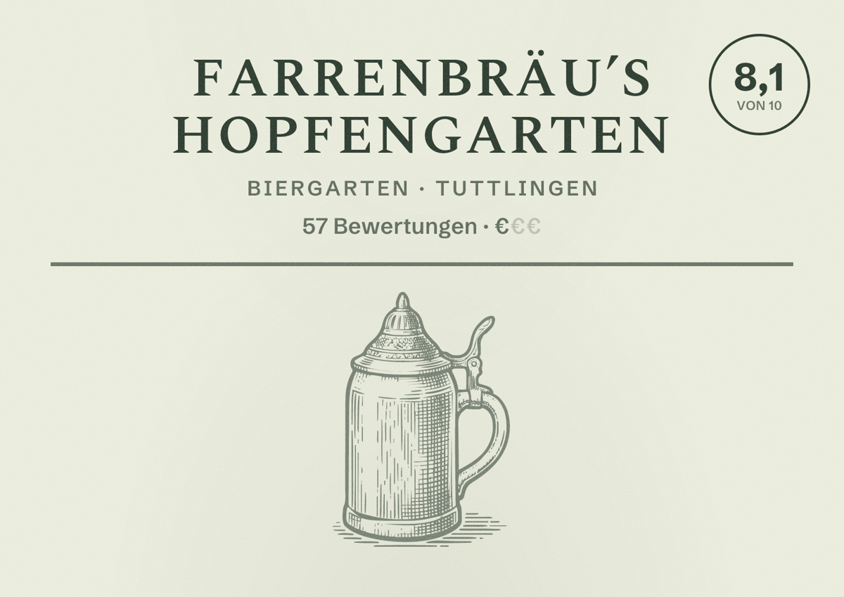 Illustriertes Poster von Farrenbräu’s HOPFENGARTEN, Biergarten in Tuttlingen: Bewertung 8,1 von 10 aus 57 Bewertungen, Preisniveau €