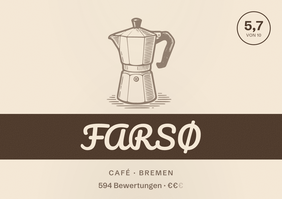 Illustriertes Poster von FARSØ, Café in Bremen: Bewertung 5,7 von 10 aus 594 Bewertungen, Preisniveau €€