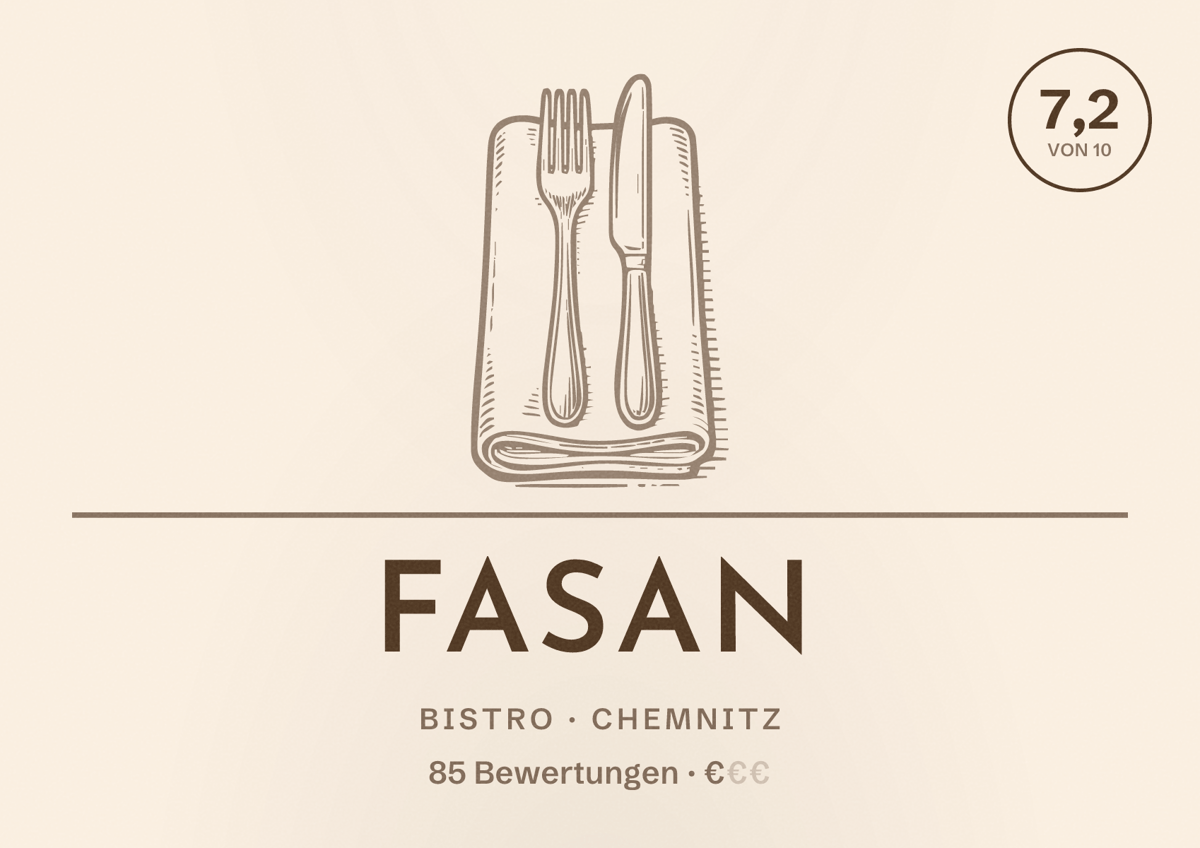 Illustriertes Poster von fasan, Bistro in Chemnitz: Bewertung 7,2 von 10 aus 85 Bewertungen, Preisniveau €
