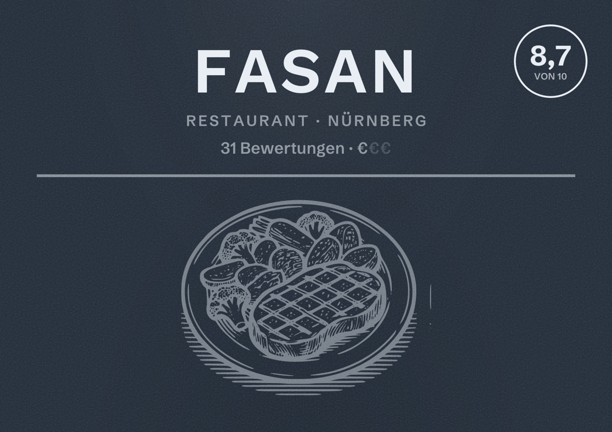 Illustriertes Poster von Fasan, Restaurant in Nürnberg: Bewertung 8,7 von 10 aus 31 Bewertungen, Preisniveau €